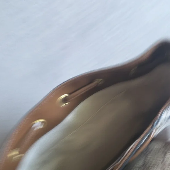 Cream and Brown Backpack with Signature Monogram13lx10d - Picture 4 of 8